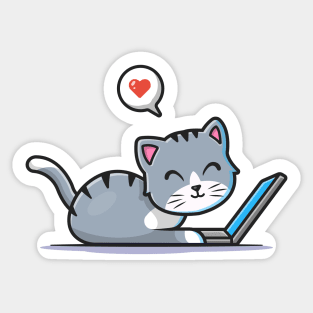 Cute Cat Working On Laptop With Coffee Cup Cartoon Vector Icon Illustration (3) Sticker